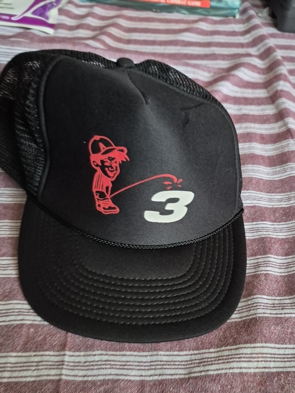 Black Trucker Hat with Red Graphic and White '3'
